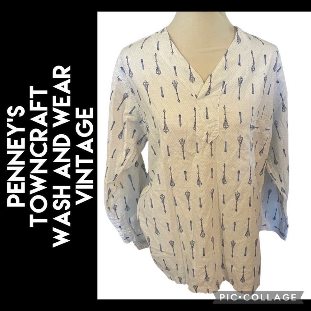 Penney's Towncraft Men's White Blue Wash And Wear Vintage Sleep Shirt 38/40